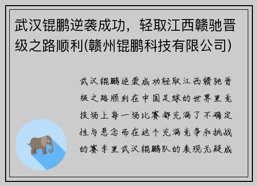 武汉锟鹏逆袭成功，轻取江西赣驰晋级之路顺利(赣州锟鹏科技有限公司)