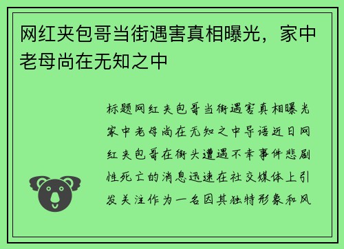 网红夹包哥当街遇害真相曝光，家中老母尚在无知之中