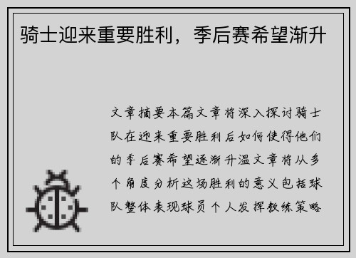 骑士迎来重要胜利，季后赛希望渐升